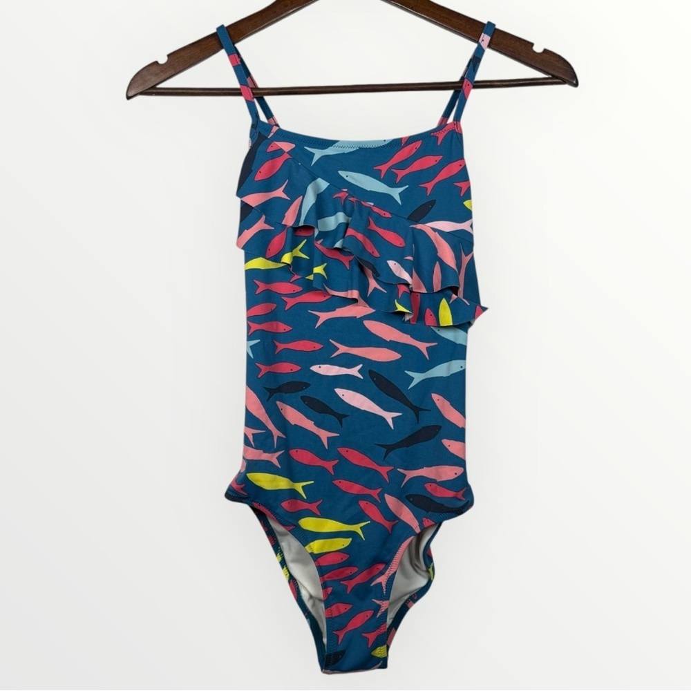 Garnet Hill Girls Size 12 Ruffle One-Piece Swimsuit Teal Fish Print Swimwear